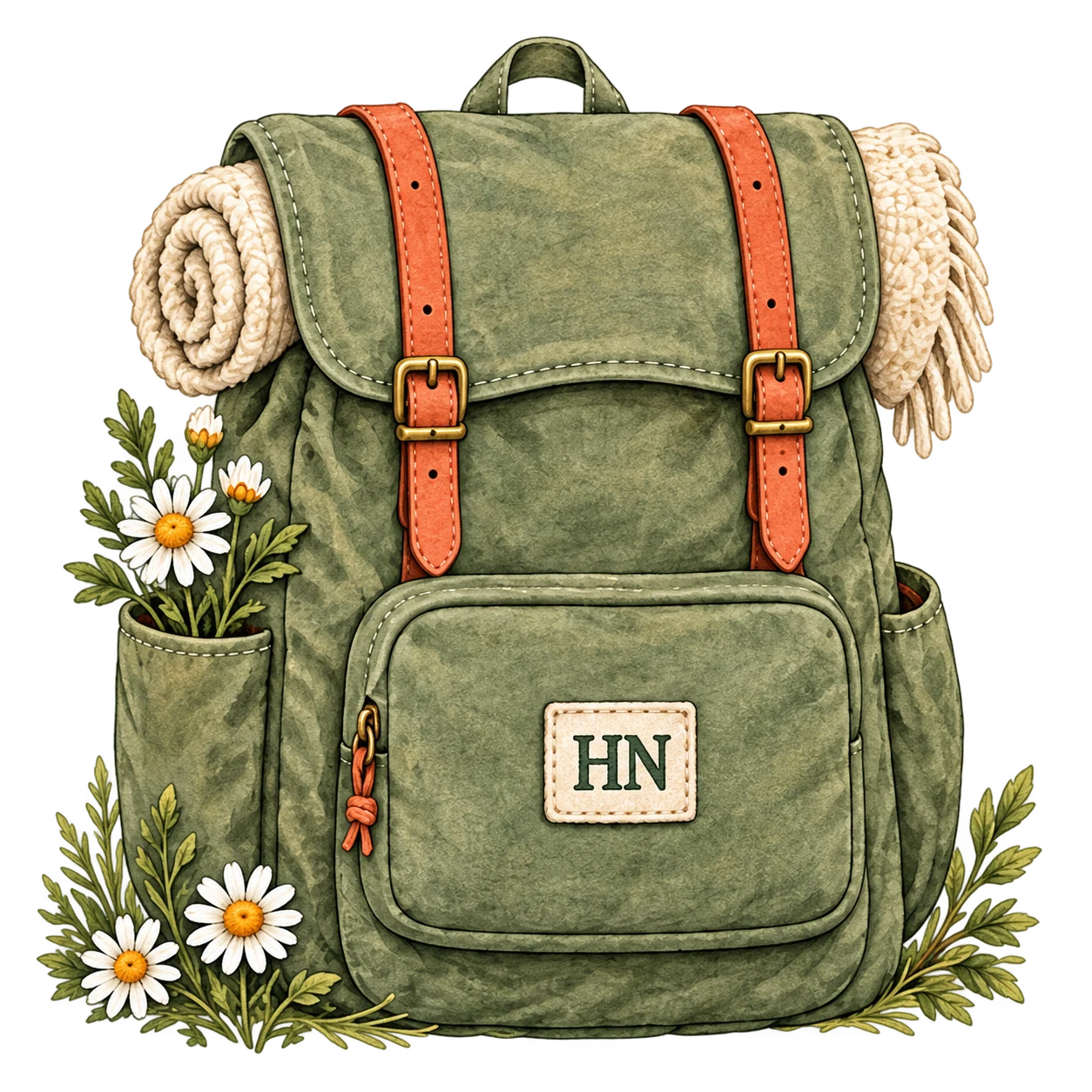Watercolor sage hiking backpack with HN patch