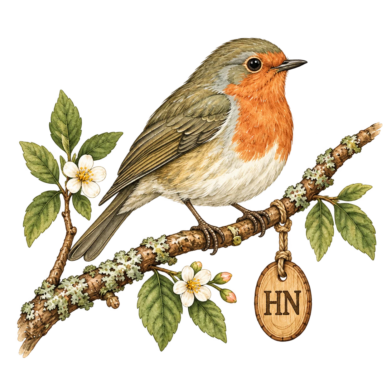 Little watercolor bird on an HN trail tag